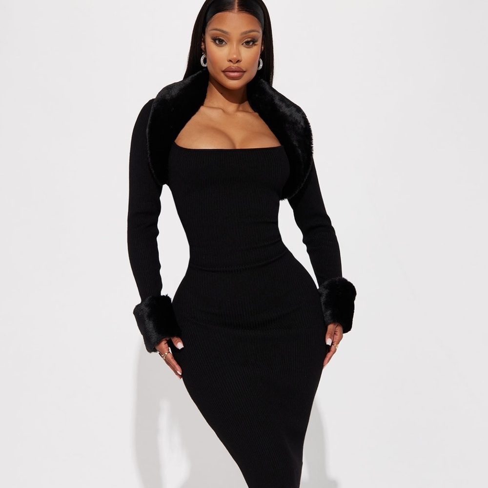 Shilah Faux Fur Sweater Midi Dress - Black